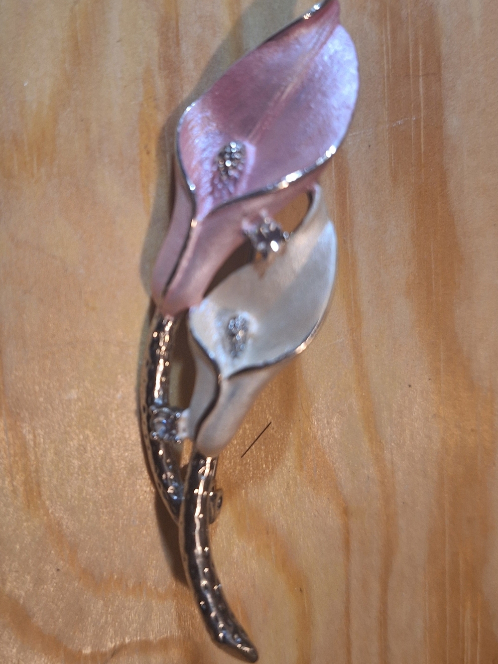 Pink and White Enamel Calla Lily Brooch with Crystal Detail
